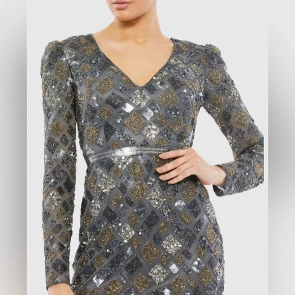 NWT Mac Duggal 5472 Long Sleeve Geometric Sequin Midi Dress sz 6 Charcoal/Gray